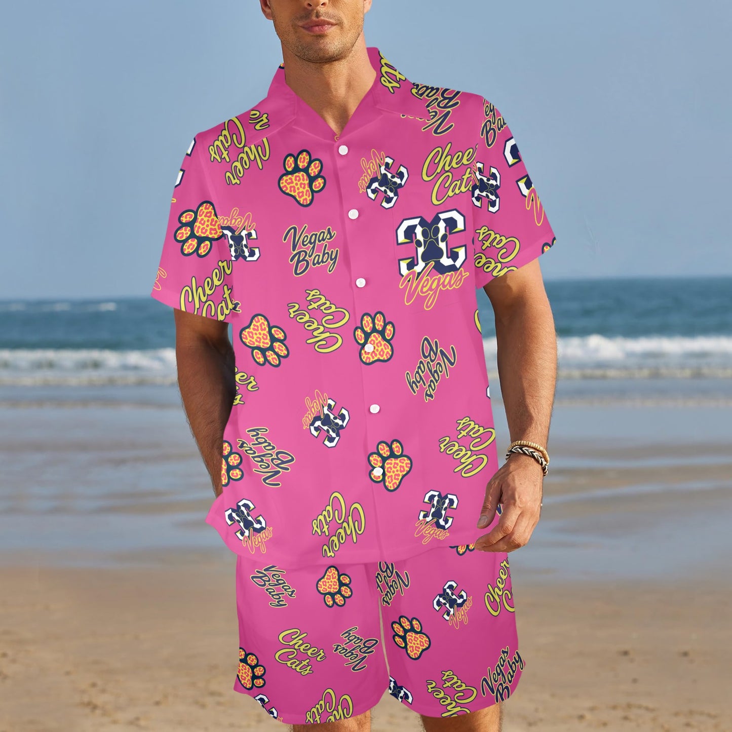 CheerCats Pink Dad Men's Shirt and Shorts Outfit with Pocket